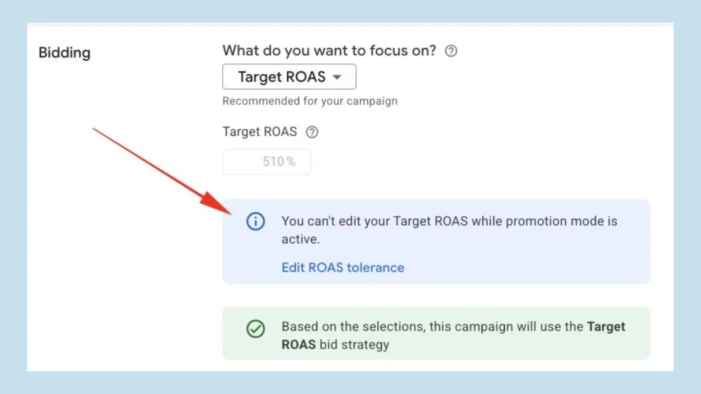 Google Ads bidding settings showing a greyed-out Target ROAS field and a notice that it can't be edited during promotion mode