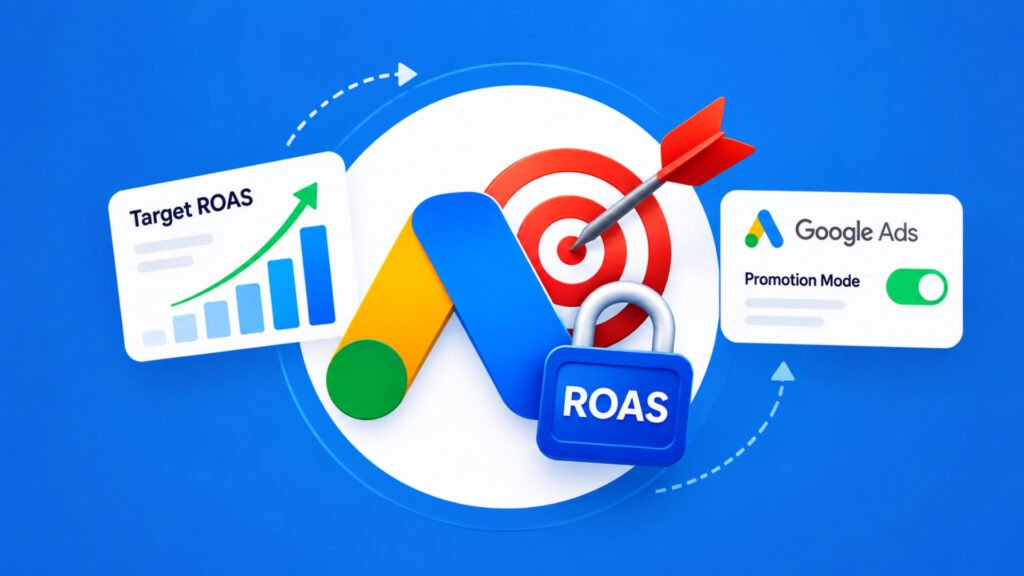 Target ROAS locked with a padlock beside the Google Ads logo and an active Promotion Mode toggle